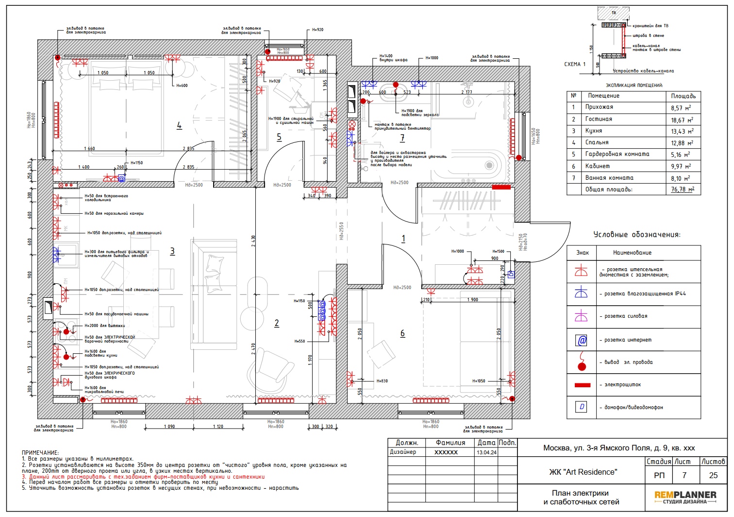 План электрики и слаботочных сетей квартиры в ЖК Art Residence