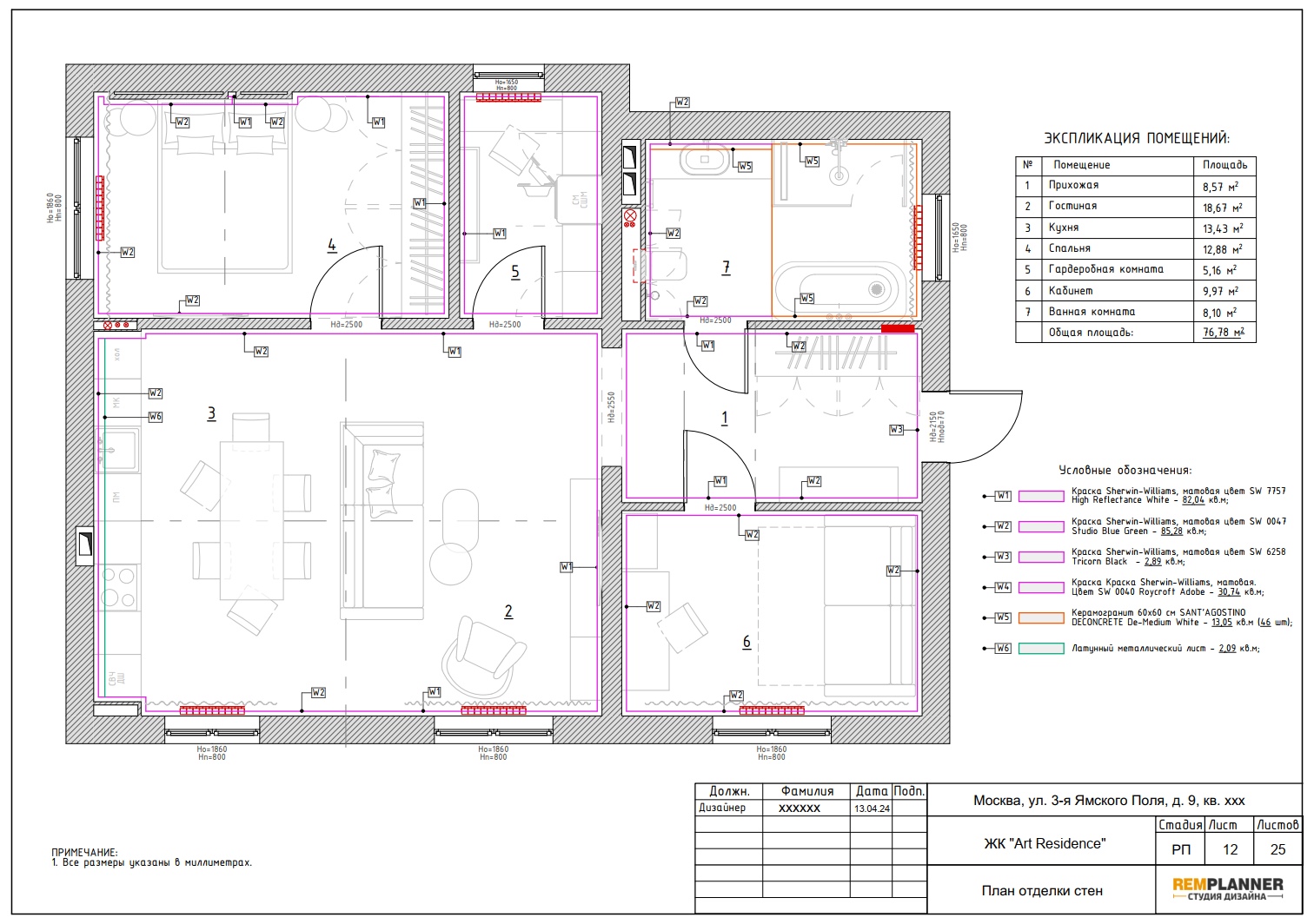 План отделки стен квартиры в ЖК Art Residence